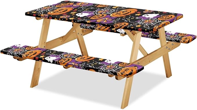 Halloween Picnic Table Bench Tablecloth Covers 3PCS Fitted Picnic Table Cover with Elastic Edges, Waterproof Table and Bench Cloths for Summer Outdoor Camping