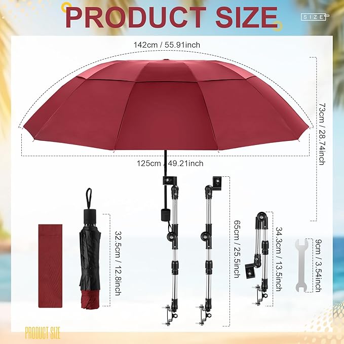2 Pack Large Double Canopy Sun Umbrella for Chairs with Square Tube Clamp Foldable Portable Beach Umbrella for Chair Golf Cart Patio Wheelchair Outdoor Camping Fishing