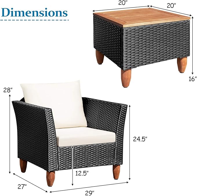 COSTWAY 3 Pieces Patio Rattan Furniture Set, Outdoor Wicker Conversation Chairs Set with Acacia Wood Coffee Table & Washable Cushion, Porch Furniture Bistro Set for Balcony, Garden, Backyard, White