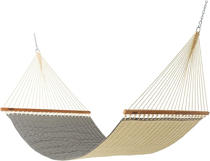 Hatteras Hammocks Large Cast Slate Sunbrella Quilted Hammock – 13 ft. x 55 in., 2-Person, 450 lb Capacity, Cumaru Spreader Bar, Zinc-Plated Hardware – Handcrafted in The USA