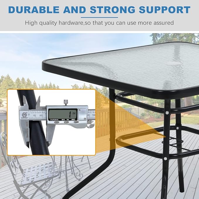 32" Square Outdoor Dining Table - Tempered Glass Top with Umbrella Hole,Weather-Resistant Metal Patio Table for Backyard,Poolside, Balcony, Garden - Black