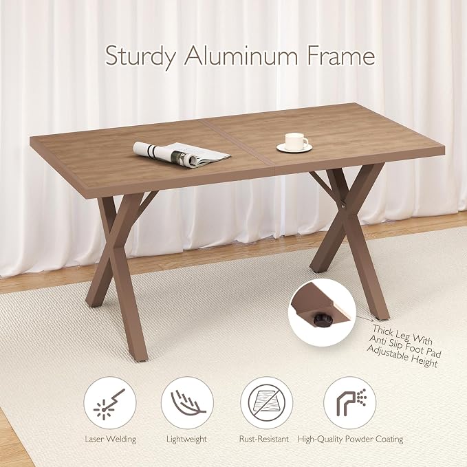 Aluminum Outdoor Dining Table - All-Weather Exposure, Waterproof and Rust-Proof Courtyard-Style Coffee Table Garden/Balcony/Poolside, Light Brown 1 Pcs