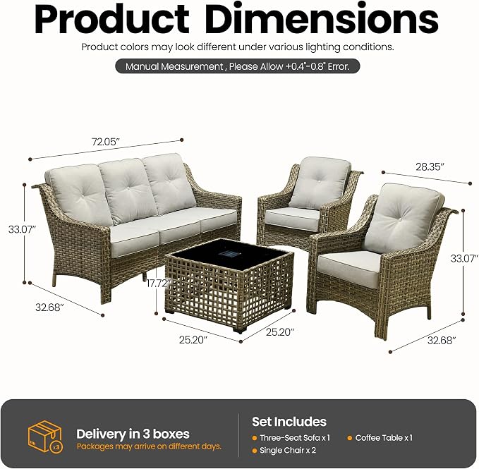4 Piece Outdoor Patio Furniture Set, All Weather Waterproof Wicker High Back Conversation Set, Two Single Chairs, Solar Light Coffee Table, Outside Furniture for Porch Balcony, Light Grey