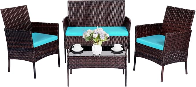Patio Furniture Set 4 Pieces, Outdoor Rattan Furniture with Tempered Glass Coffee Table, Modern Rattan Patio Chairs Conversation Sets with Sofa for Garden, Terrace, Porch, Lawns Brown/Blue