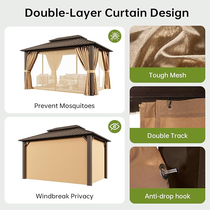 10x14FT Hardtop Gazebo, Metal Frame with Double Galvanized Steel Roof, Permanent Outdoor Pergola with Curtains and Netting Included for Backyard, Patio, Lawn and Garden, Brown