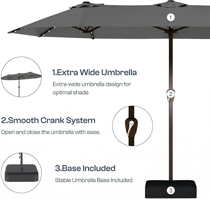 15FT Patio Umbrella with Solar Lights, Double-Sided Extra Large Outdoor Table Umbrella with Base Included, Heavy-Duty 12 Iron Ribs Market Umbrella for Garden, Pool, Backyard, Gray