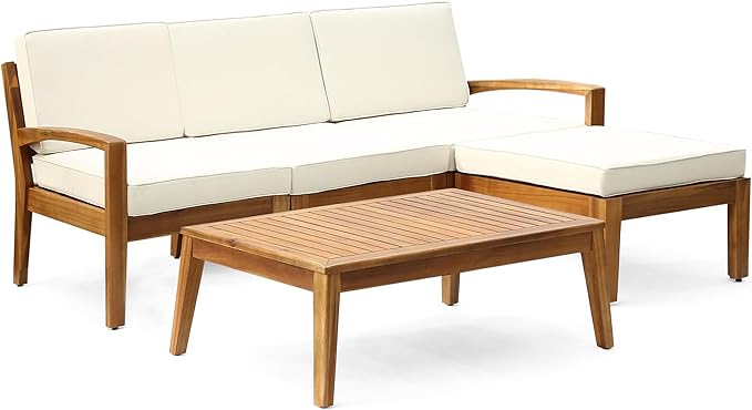 LUMISOL 3 Pieces Acacia Wood Patio Sectional Sofa with Coffee Table, L-Shaped Outdoor Furniture Set with Ottoman, Conversation Set Sectional Sofa with Cushions for Garden, Backyard, Poolside, Beige