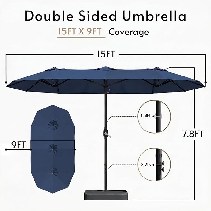 15ft Large Patio Umbrellas with Base Included, Outdoor Double-Sided Rectangle Market Umbrella with Stand, Outside Umbrellas for Poolside Lawn Backyard