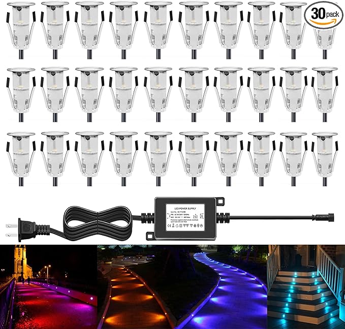 LED Deck Lights Multi-Color RGB Waterproof Recessed Wood Decking 0.7" Tiny Deck Driveway Light Dock Path Step Road Light Outdoor and Indoor Decoration Security Lighting (RGB, 30pcs)