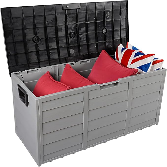 75-Gallon Outdoor Storage Bench with Wheels, Heavy-Duty Waterproof Deck Box for Patio, Garden, and Pool Organization (Black lid + gray box)