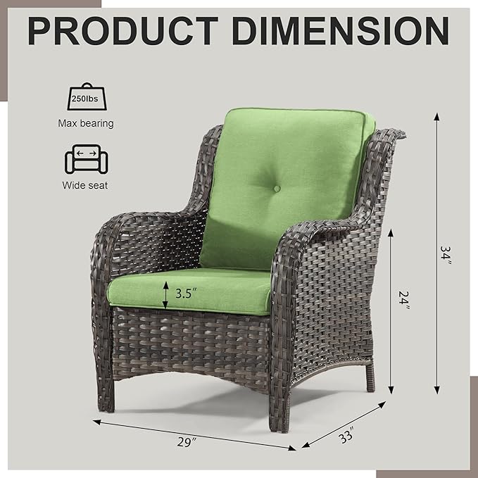 Outdoor Wicker Chair Rattan Patio Dining Chairs Set of 6 PE Wicker Patio Chairs with 4 inch Seat Cushions Patio Seating Chair for Garden, Backyard Swimming Pool, Balcony, Green