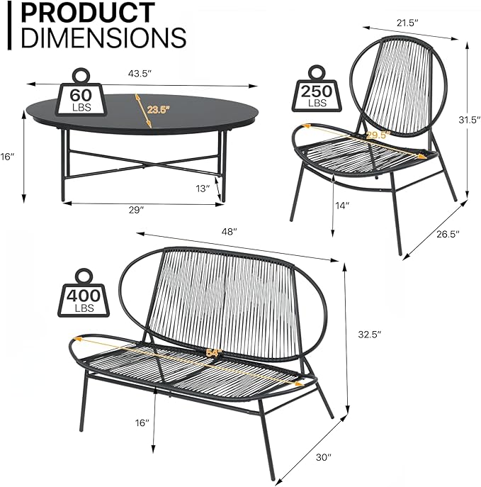 MoNiBloom 4 Pieces Outdoor Patio Furniture, All Weather PE Rattan Wicker Loveseat and Chairs Conversation Set with Steel Coffee Table for Garden Backyard Porch Balcony Poolside Deck Lawn