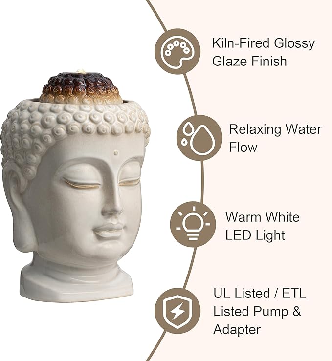 Glitzhome Buddha Head Ceramic Outdoor Fountain with LED Lights, Zen-Style Outdoor Water Fountains for Porch Deck Garden Patio Backyard, Sand Beige Textured Glaze Floor Table Water Fountain, 18.75" H
