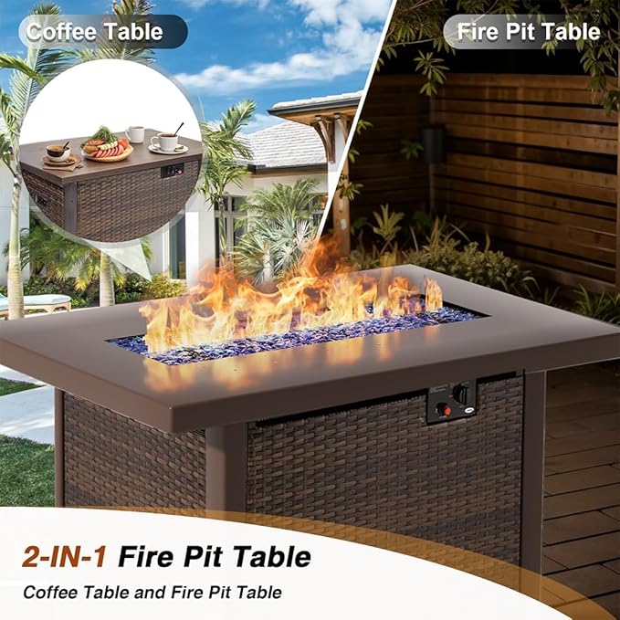 Patio Furniture Set 9 Pieces with 44" Fire Pit Table, Rattan Outdoor Sectional Conversation Sets, All Weather Outdoor Furniture Set with Cushions for Garden Lawn Balcony Porch Deck Grey