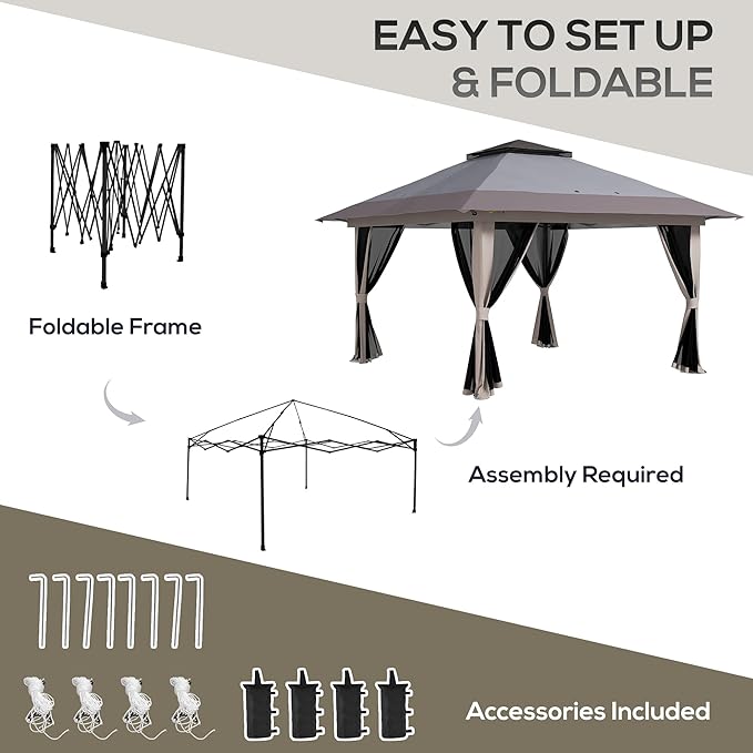 Outsunny 13' x 13' Pop Up Gazebo with Netting, UPF 50+ Instant Canopy Tent Shelter with Water/Sand Bags, Wheeled Carry Bag, for Outdoor, Garden, Parties, Light Gray