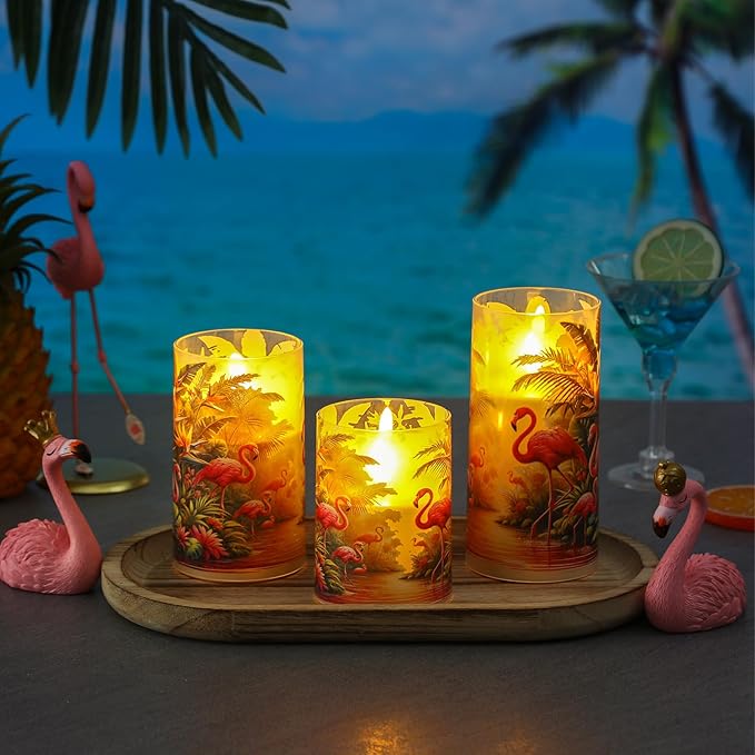 Tujoe 3 Pcs Summer Flamingo Flameless Candles LED Battery Pillar Candles Set Battery Operated Flickering Gifts with Remote Summer Decor for Holiday Decoration