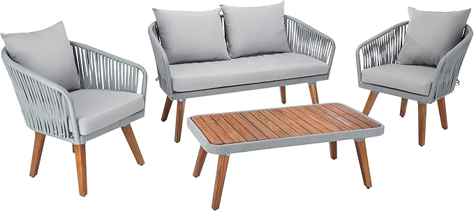 SAFAVIEH Outdoor Collection Ransin Grey/Grey/Natural Solid Wood 4-Piece Conversation Patio Set