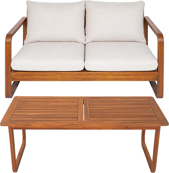 Christopher Knight Home Myra Acacia Wood Outdoor Loveseat and Coffee Table Set, 2 Piece Patio Furniture Set with Cushions, Patio Conversation Set with Slatted Design for Backyard, Teak + Beige