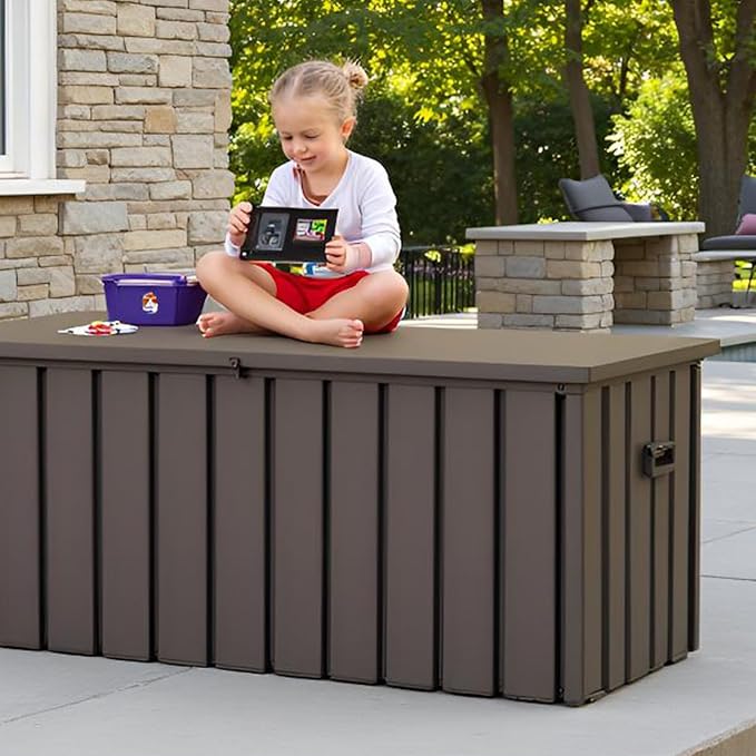 160 Gallon Metal Deck Box, Outdoor Storage Box Waterproof with Wheels, Lockable Storage Container for Patio Furniture Cushions Garden Tools, Dark Brown