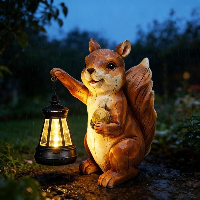 Garden Statue Outdoor, Solar Squirrel Decor Lights, Resin Figurine Squirrel with Solar Light for Patio, Balcony, Yard, Lawn Ornament, Perfect Garden Gift