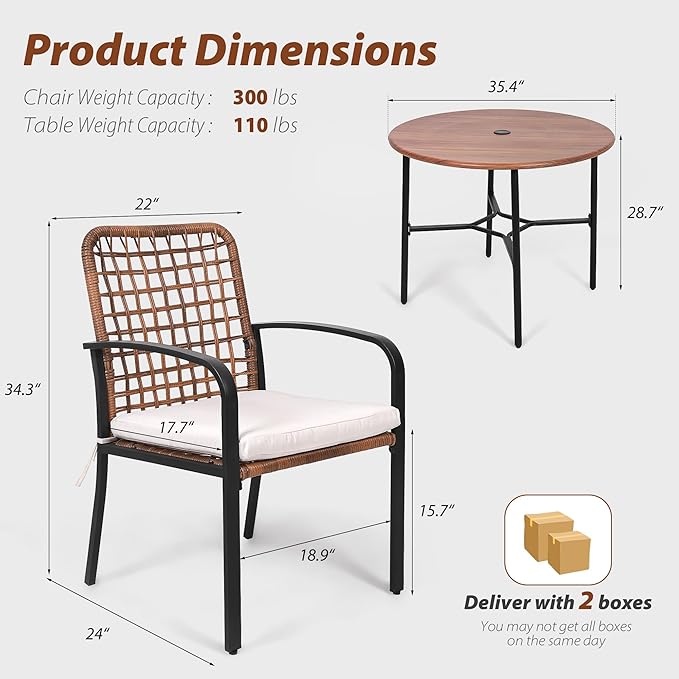 5 Pieces Patio Dining Set, Boho Wicker Outdoor Dining Set with Umbrella Hole, Round Rattan Table and 4 Chairs with Cushions for Garden Backyard