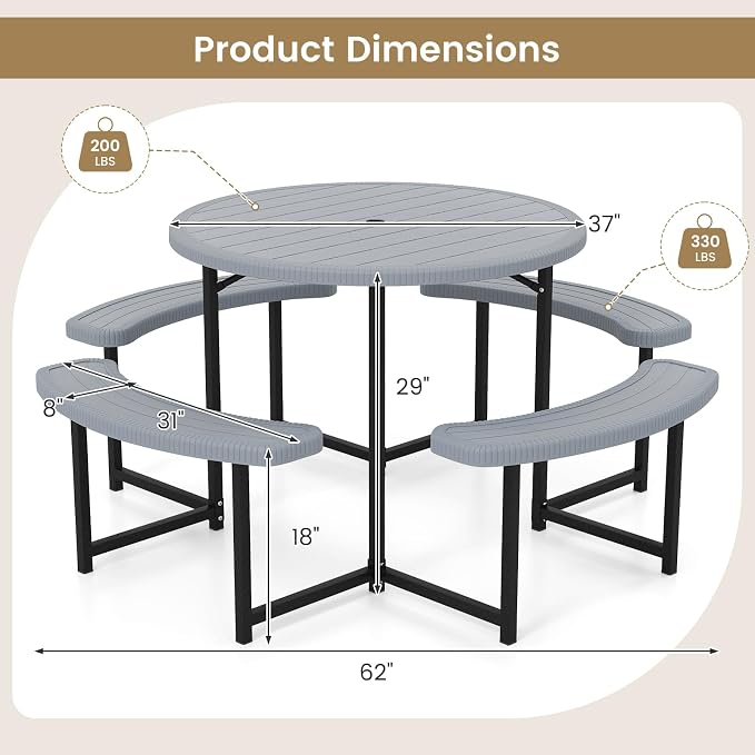 Tangkula 8 Person Picnic Table, HDPE Outdoor Round Table and Bench Set with 4 Built-in Benches, Umbrella Hole, Metal Frame for Garden Yard Patio Lawn