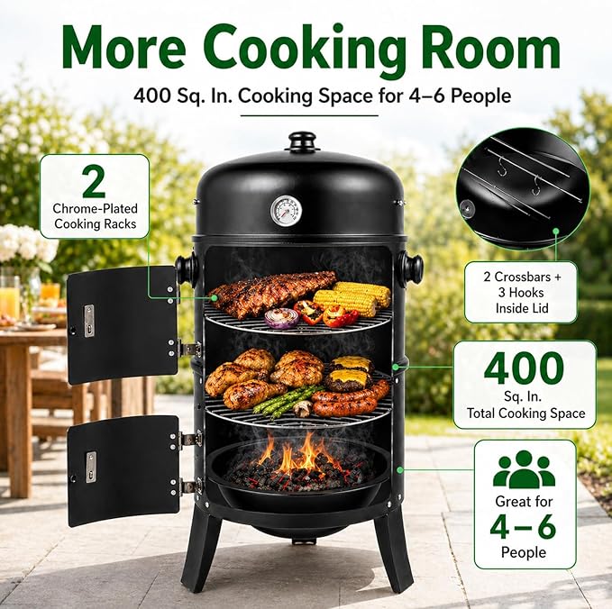 16 Inch Charcoal Smoker for Meat, Vertical Smoker Grill, Small Smoker for Backyard, Patio and Camping | 4-in-1 BBQ Smoker with Built-In Thermometer, Adjustable Air Vent, 2 Cooking Racks