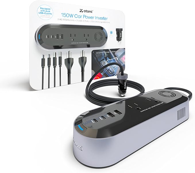 Atomi 150W Car Power Inverter with 2 AC 110V Outlets + 2 USB-C Ports + 2 Smart Charge USB Ports