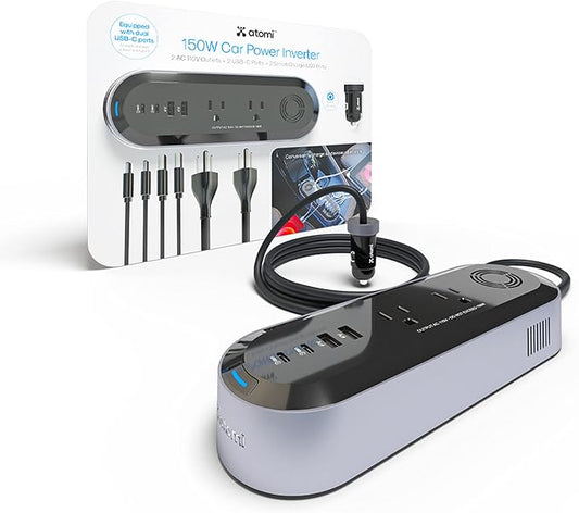 Atomi 150W Car Power Inverter with 2 AC 110V Outlets + 2 USB-C Ports + 2 Smart Charge USB Ports