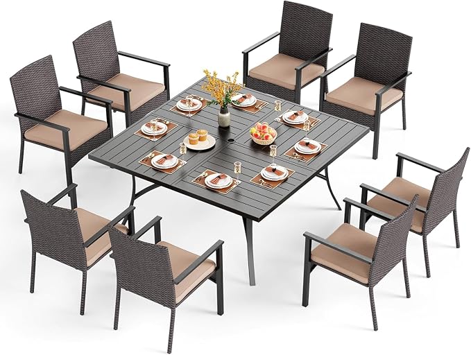 PHI VILLA 9 Pieces Square Outdoor Dining Table Set for 8, 57” Large Metal Steel Dining Table & Rattan Wicker Chairs with Cushions, Dining Furniture Set for Patio, Deck, Yard, Porch