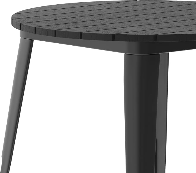 EMMA + OLIVER Drew Dining Table - Black 30" Round Poly Resin Table Top - Black Steel Base - All-Weather for Indoor/Outdoor Use