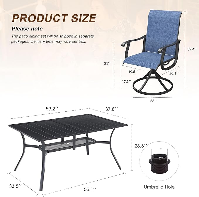 VICLLAX 7 Pieces Patio Outdoor Dining Set, 59" Metal Dining Table with Umbrella Hole and 6 Swivel Textilene Chairs for Lawn,Garden,Porch,Black/Dark Blue