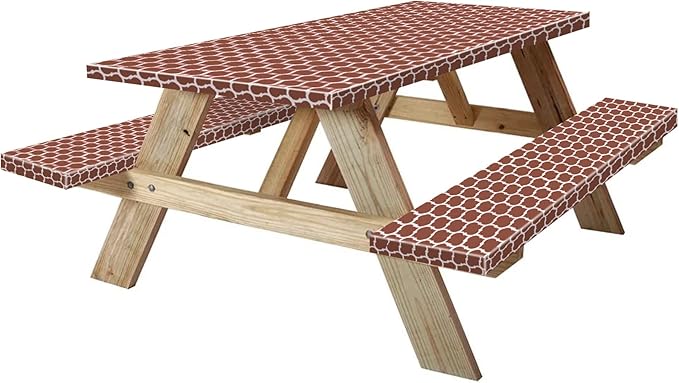 KENOBEE 8ft Picnic Table and Bench Cover, Camping Essentials RV Gear, 96 in Waterproof Windproof Outdoor Elastic All Around Tablecloth, Fitted Rectangle Tables and Seats, Coffee-White Moroccan