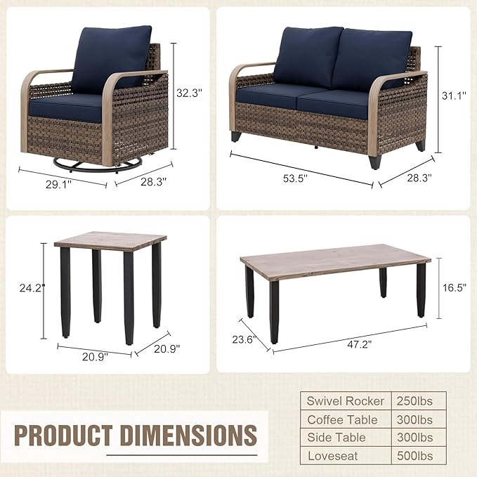 Modern Wicker Patio Furniture Set, Rattan Outdoor Conversation Set with Comfortable Cushions, 2 Swivel Rocing Chairs, 2 SeatLoveseat, Coffee Table and Side Table, 5 Pieces, Brown/Blue