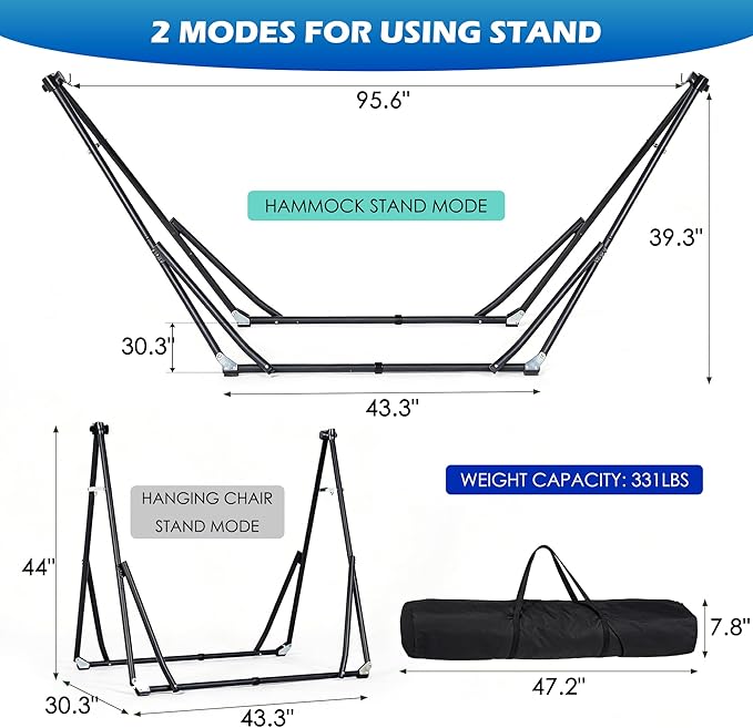 SogesPower 2 in 1 Hammock with Foldable Steel Stand & Carrying Bag,Portable Hammock Swinging Chair for Outdoor Patio Garden Camping Apartment,Blue& Green