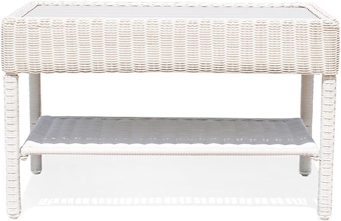 Park Meadow Outdoor Wicker Coffee Table All-Weather HDPE Rattan Patio Furniture w/Double Shelves & Grey HIPS Top, Off White