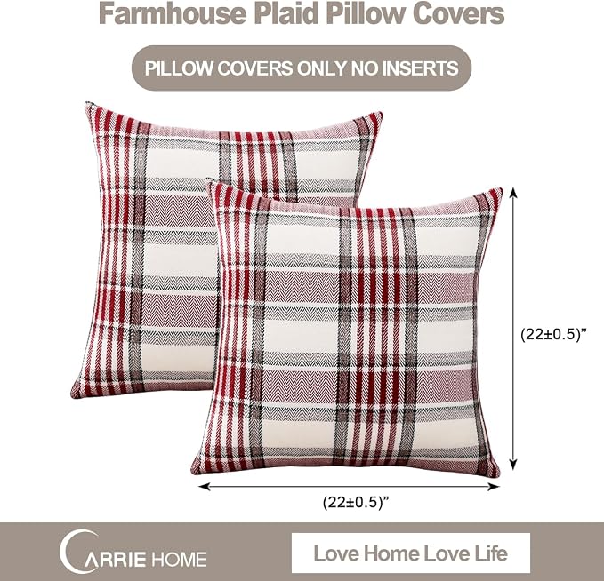 Red Plaid Merry Chirstmas Holiday Large Throw Pillow Covers 22x22 Set of 2 | Red Plaid Merry Chirstmas Holiday Large Throw Pillow Covers 22x22 Set of 2