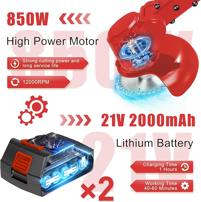 21V Electric Weed Wacker Cordless String Trimmer Battery Powered Grass Trimmer with 90° Adjustable Head 2 X 2.0Ah Battery and Charger Lightweight Brush Cutter Edger Lawn for Garden Yard,Red