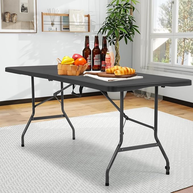 6FT White Folding Table, Portable Collapsible Dinner Table – Indoor/Outdoor Use for Camping, Patio, Yard, Wedding, Party & Cocktail Display, 500LBS (Black)