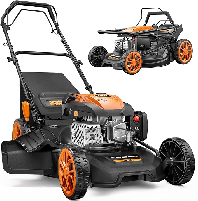 21-Inch Gas Lawn Mower Self Propelled, 170CC 4-in-1 Mulch/Rear Bag/Side Discharge/Rear Discharge, 7-Position Cutting Height, Foldable Gas Powered Lawn Mowers with Bag, Walk-Behind Gas Lawnmower