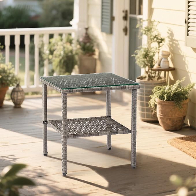 Outdoor Wicker Side Table,2-Layer Patio Rattan Garden Coffee End Square Table with Glass Top (Grey)