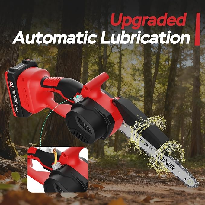 Mini Chainsaw Cordless 8inch, Portable Electric Chainsaw With Batteries,Small Handheld Battery Powered Chain Saw for Tree Trimming, Wood Cutting, Garden Pruning-Red