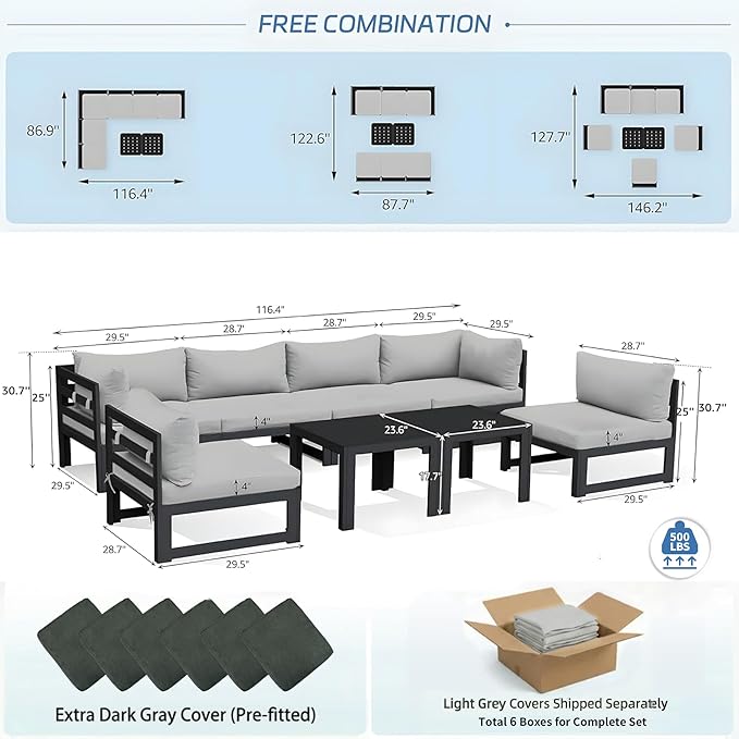 NICESOUL 8 Piece Extra Large Modern Aluminum Outdoor Sofa, 29" Deep Wide Seating, 500 lbs Durable Sectional Set for Heavy People, Rust Resistant Patio Furniture Set for Backyard Poolside, Light Gray