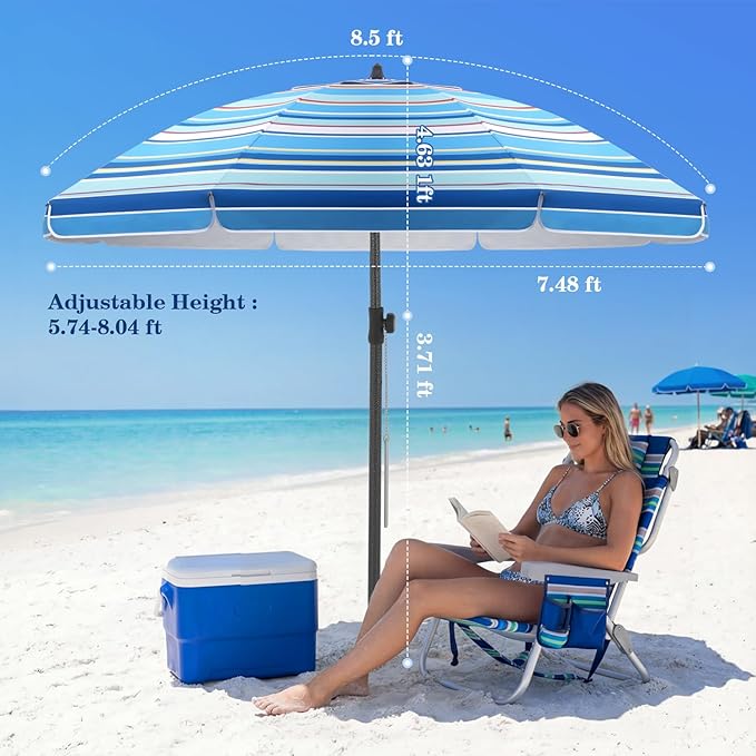 UIRWAY Beach Umbrella, Heavy Duty Windproof Beach Umbrellas with Sand Anchor & Tilt, Sun Protection Portable Beach Umbrella with Carrying Bag for Beach, Patio Garden Pool Outdoor