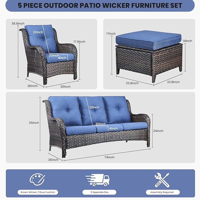 Belord Outdoor Wicker Furniture 5 Pieces Patio Furniture Sofa Set Patio Wicker Chairs with Ottomans Conversation Set for Porch Garden Deck Balcony Poolside