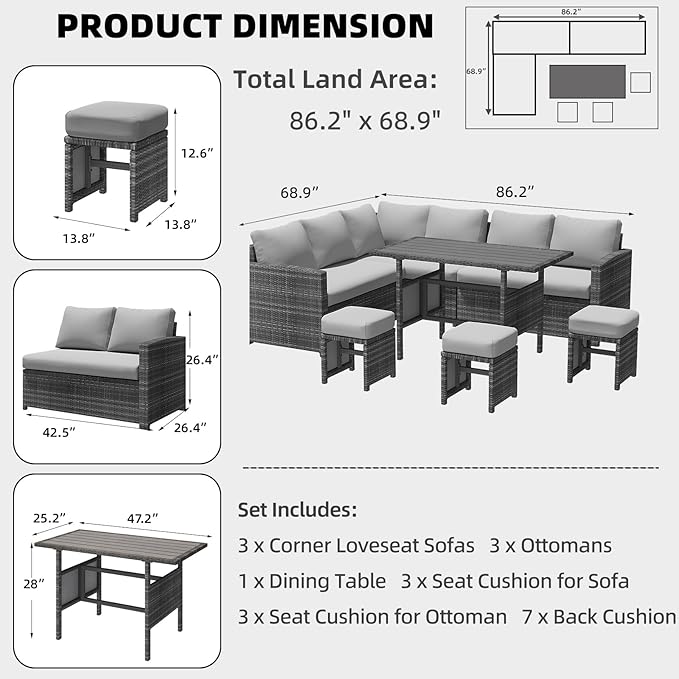 AECOJOY Outdoor Patio Furniture Set, 7 Pieces Clearance Sectional Rattan Dining Table&Chairs, All Weather Wicker Conversation Sofa Couch with Ottoman, Grey Cushions&Grey Rattan