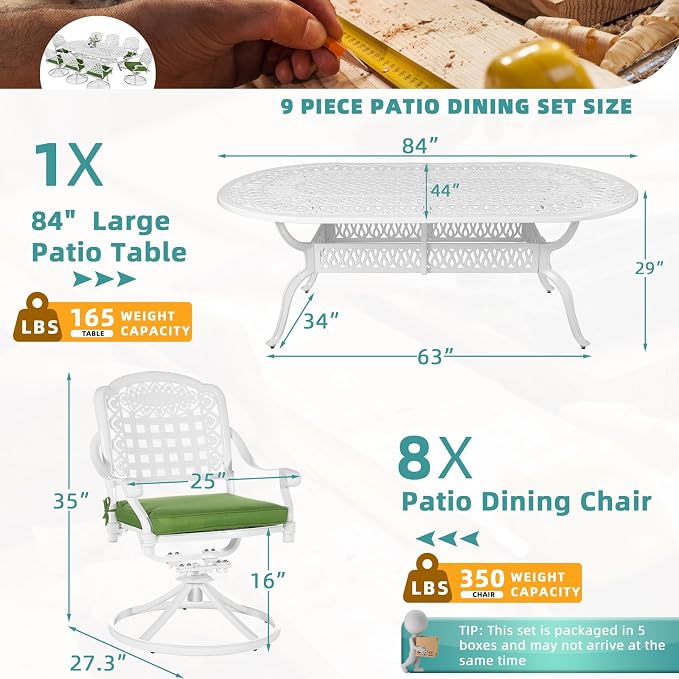 MEETWARM 9-Piece Outdoor Patio Dining Set, All-Weather Cast Aluminum Patio Conversation Set with 8 Cushioned Swivel Rocker Chairs for Backyard Garden Deck, 1 Oval Table, 2" Umbrella Hole, White