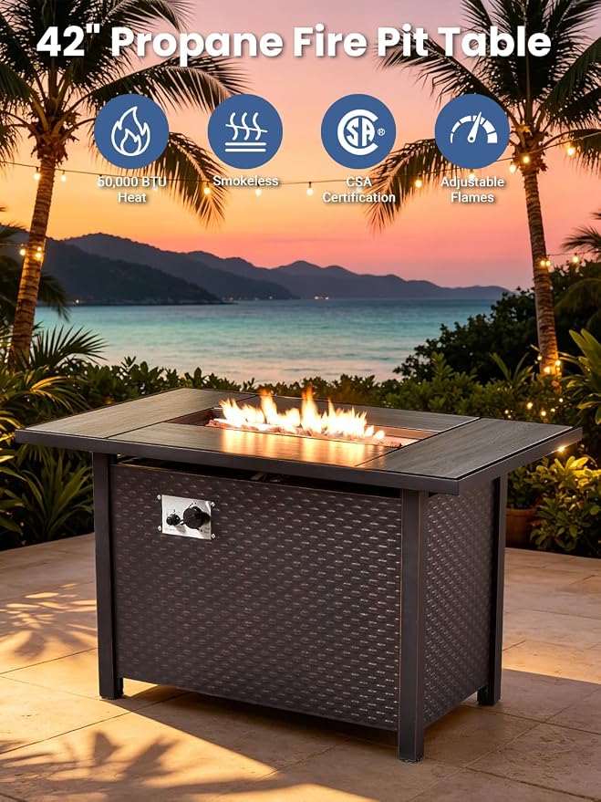 9-Piece Outdoor Patio Furniture Set with Fire Pit Table, Outdoor Conversation Wicker Sofa with Swivel Chairs, Rattan Couch with Coffee Table for Deck, Backyard, Poolside (Orange)