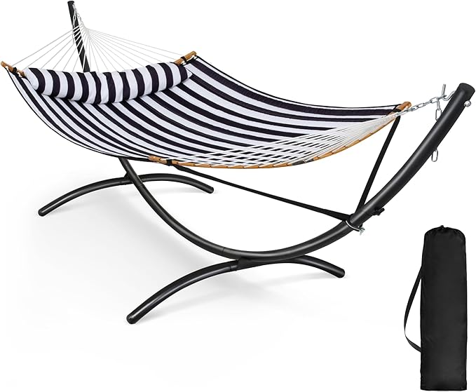 SUNCREAT Hammocks for Outside with Stand, Porch Hammock and Stand, 475 lbs Capacity, Patent Pending, Black & White