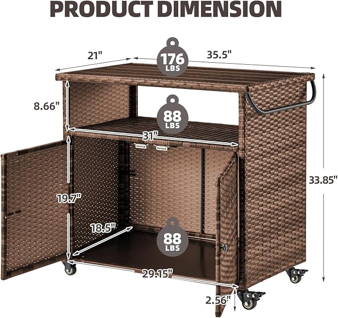 Wicker Outdoor Storage Cabinet with Wheels, Patio Grill Tables for Outside, Outdoor Storage Cabinet for Garden Buffets, Parties, Poolside Gatherings in Brown